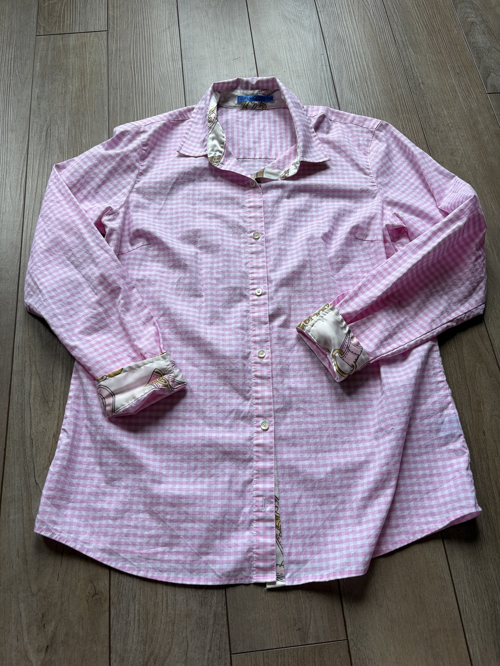 J. McLaughlin Women's Pink Gingham Button Up Shirt Contrast Cuff Size M Preppy